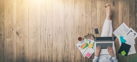 Working home concept. Young people online work mobile devices. Social media influencer.の写真素材