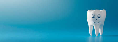 White healthy tooth isolated on gray background with copy space.の写真素材