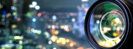 Photography camera lens with lense reflections. Professional photography equipment.の写真素材