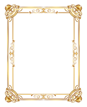 Gold photo frame with corner line floral for picture, Vector frame border design decoration pattern style. Thai art golden metal beautiful corner.のイラスト素材
