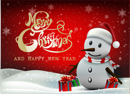 Merry Christmas! Happy Christmas and happy new year companions. Winter landscape and Smiling snowman, High detailed vector illustration,のイラスト素材