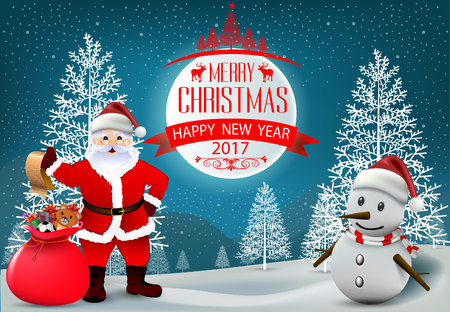 Merry Christmas! Happy Christmas and happy new year companions. Winter landscape and Smiling snowman, High detailed vector illustration,のイラスト素材