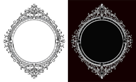 Royal frame on black pattern background, Vintage photo frame on drake background, antique, vector golden ornamentのイラスト素材