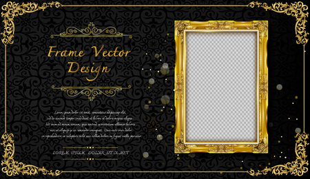 Royal frame on black pattern background, Vintage photo frame on drake background, antique, vector golden ornamentのイラスト素材
