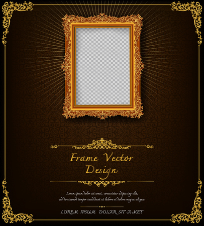 Royal frame on black pattern background, Vintage photo frame on drake background, antique, vector golden ornamentのイラスト素材