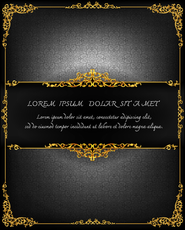 Royal frame on black pattern background, Vintage photo frame on drake background, antique, vector golden ornamentのイラスト素材