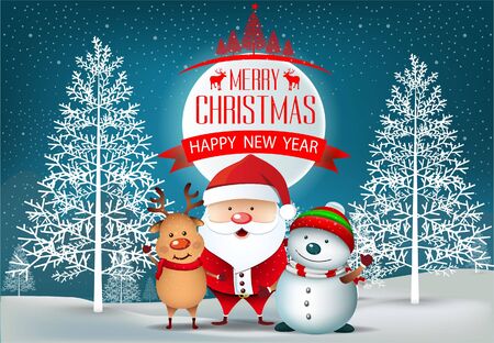 Cartoon Smiling Santa Clause and snowman with reindeer, High detailed vector illustration ,Happy Merry Christmas and happy new year companions. snowman on night backgroundのイラスト素材
