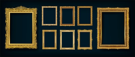 Set of Decorative vintage frames and borders set,Gold photo frame with corner Thailand line floral for picture, Vector design decoration pattern style. border design is pattern Thai art styleのイラスト素材