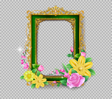 Decorative vintage frames and borders set,Gold photo frame with corner Thailand line floral for picture, Vector design decoration pattern style. border design is pattern Thai art styleのイラスト素材