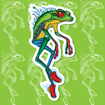 Walking abstract frog on green pattern backgroundのイラスト素材