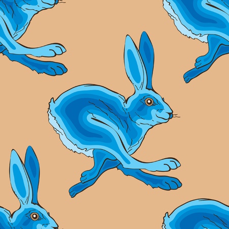 Blue running rabbit vector pattern backgroundのイラスト素材