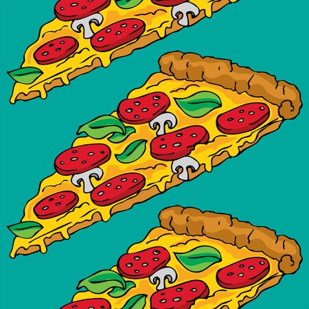 Hand drawn illustration of delicious colorful pizza slices patternのイラスト素材