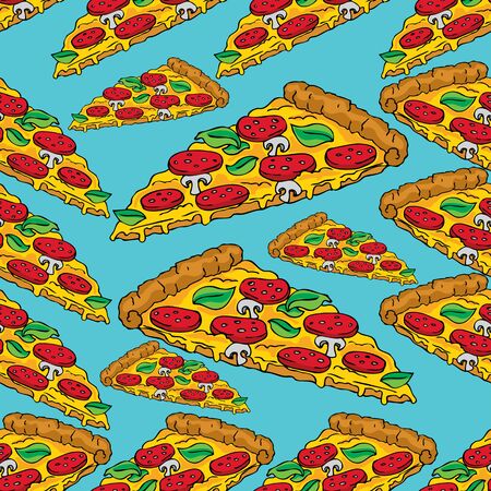 Hand drawn illustration of delicious colorful pizza slices patternのイラスト素材