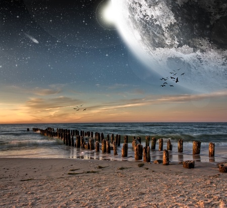 Planet landscape view from a beautiful beachの写真素材
