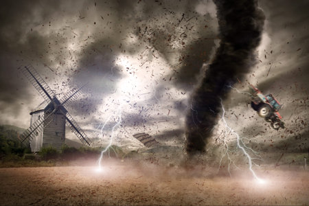 Picture of a large tornado destroying the landscape