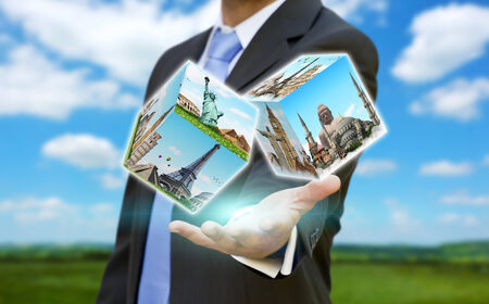 Businessman choosing his holidays with dices gameのeditorial素材