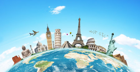 Famous monuments of the world grouped together on the planet Earthの写真素材