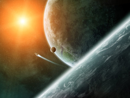 View of planets from space during a sunrise