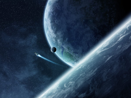 View of planets from space during a sunrise