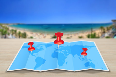 Pin map marker pointer icon on a blue world map
