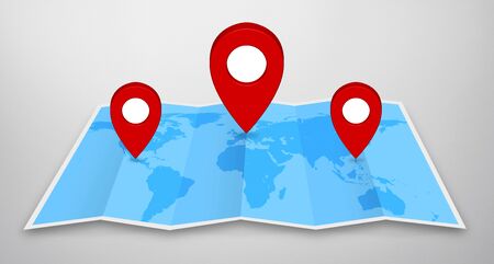 Pin map marker pointer icon on a blue world mapの写真素材