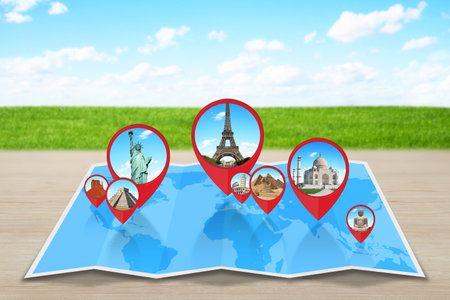 Famous monuments of the world grouped together on a map with pin icon