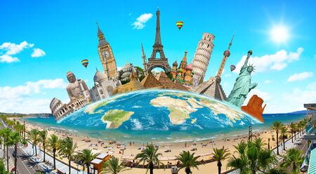 illustration of famous monuments of the world aligned on a beachの写真素材
