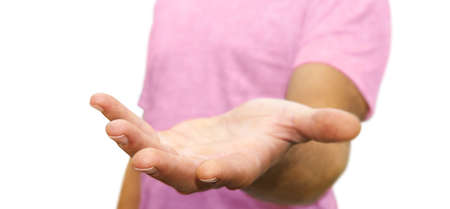 Young man giving empty hand on white background