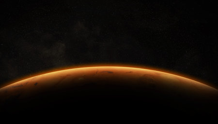 View of the planet Mars from space during a sunriseの写真素材