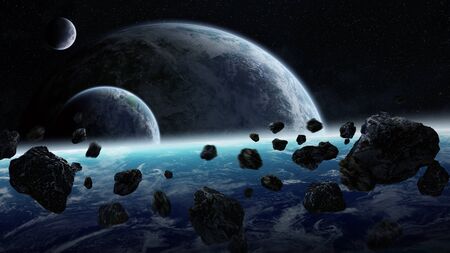 View of planets from space during meteorite impactの写真素材