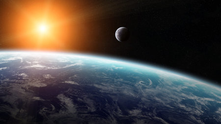 View of the moon close to planet Earth from space during a sunrise