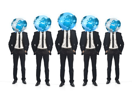 Businessmen working together as a team with icons instead of their heads