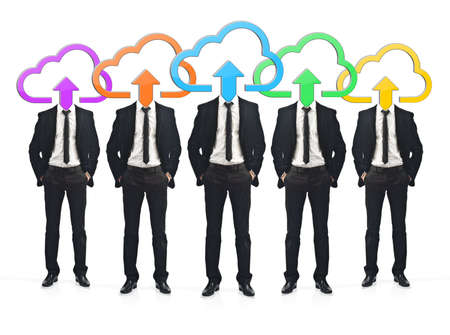 Businessmen working together as a team with icons instead of their headsの写真素材