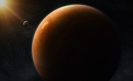 View of the planet Mars from space during a sunrise