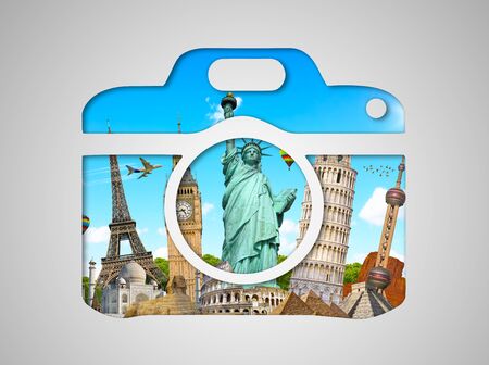 Famous monuments of the world grouped together in a camera iconの写真素材