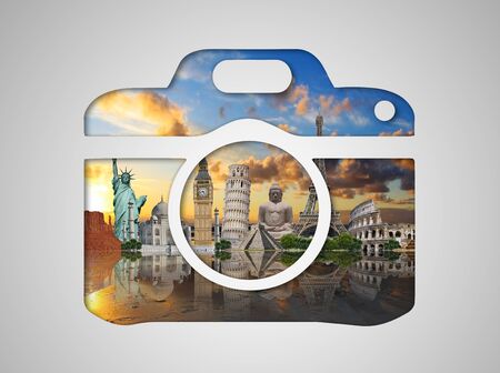 Famous monuments of the world grouped together in a camera iconの写真素材