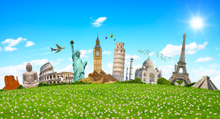 Famous monuments of the world grouped together on green grassの写真素材