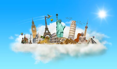 Famous monuments of the world grouped together in a cloudの写真素材