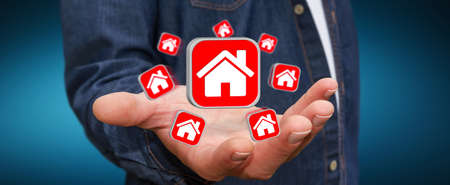 Businessman with red travel icons in his handの写真素材