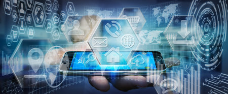 Businessman using modern digital icons interface with charts