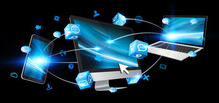 Computer phone and laptop connected with iconsの写真素材