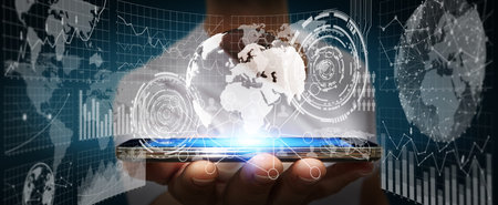 Businessman using futuristic screens with world and charts