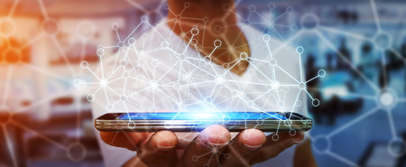 Businessman in office using digital data network