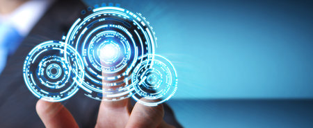 Businessman in his office pushing digital tactile circle technology screens