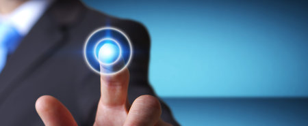Businessman in his office pushing digital tactile button