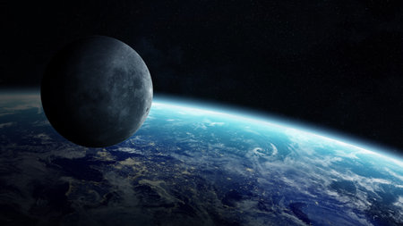 View of the moon close to planet Earth from space during a sunrise