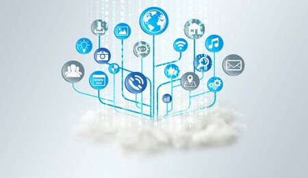 Modern electronic circuit with web icons in a cloudの写真素材