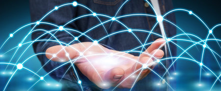 Businessman using digital network with lines and circles