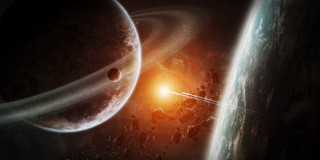 View of a sunrise on a distant planet system in space
