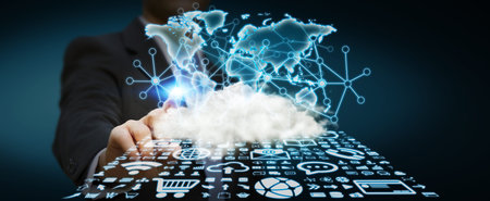 World over a cloud with connections and modern icons in businessman hand